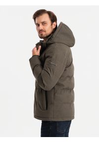Ombre Clothing - Męska kurtka casualowa puffer z wełną – ciemnooliwkowy melanż V4 - Rozmiar: M. Okazja: na co dzień. Typ kołnierza: kołnierzyk stójkowy. Kolor: oliwkowy. Materiał: wełna. Długość: długie. Wzór: melanż. Styl: casual