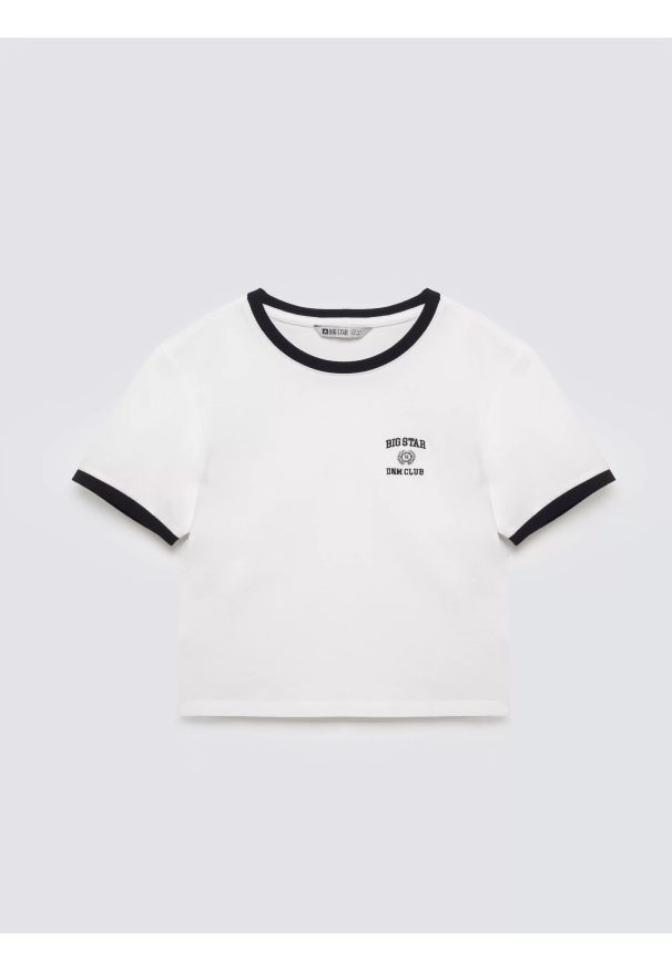 Big-Star - Koszulka dziewczęca z kontrastowym wykoŅczeniem biała Lillia 100. Okazja: na uczelnię, na co dzień. Kolor: biały. Materiał: dzianina. Wzór: nadruk. Styl: klasyczny, młodzieżowy, retro, casual, sportowy