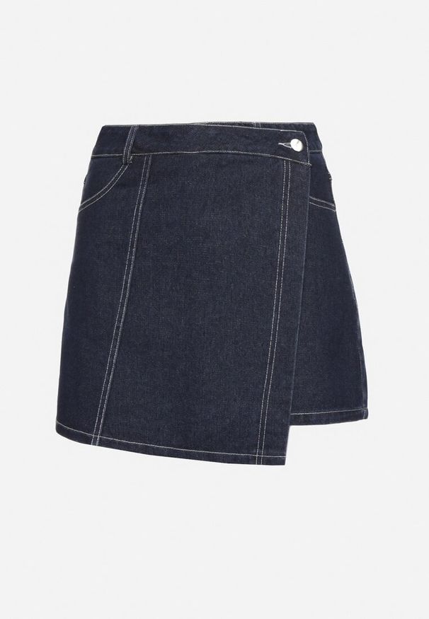 Born2be - Granatowe Jeansowe Spódnico-Szorty o Asymetrycznym Kroju z Ozdobnymi Przeszyciami Lisarennea. Okazja: na co dzień. Kolor: niebieski. Materiał: jeans. Styl: casual, sportowy, elegancki