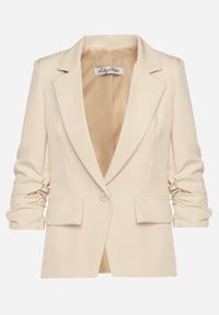 Born2be - Beżowa Elegancka Marynarka z Rękawami 7/8 i Ozdobnymi Klapami Novse. Okazja: na spotkanie biznesowe, na co dzień. Kolor: beżowy. Styl: elegancki