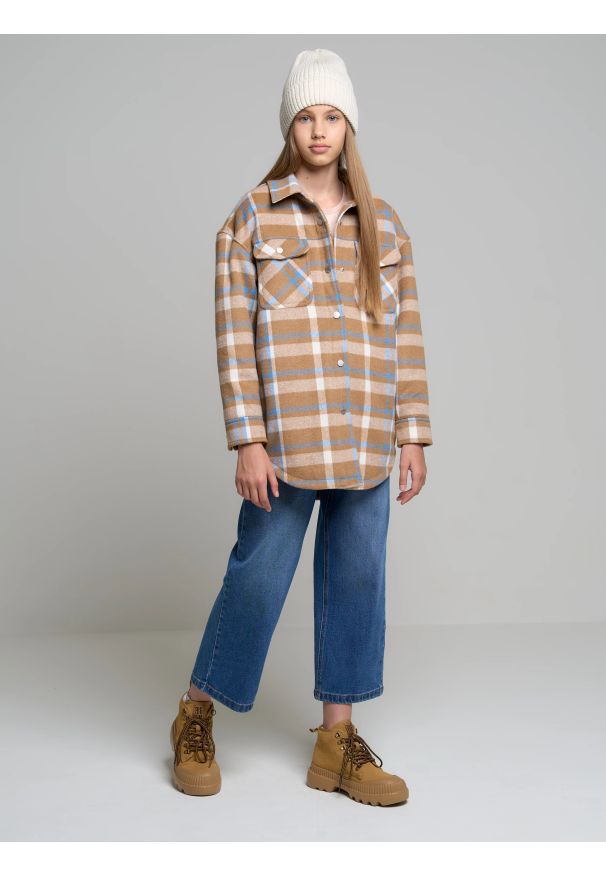 Big-Star - Kurtka koszulowa dziewczęca w kratę beżowa Miriami 801. Kolor: beżowy. Materiał: wełna, jeans. Styl: sportowy, młodzieżowy