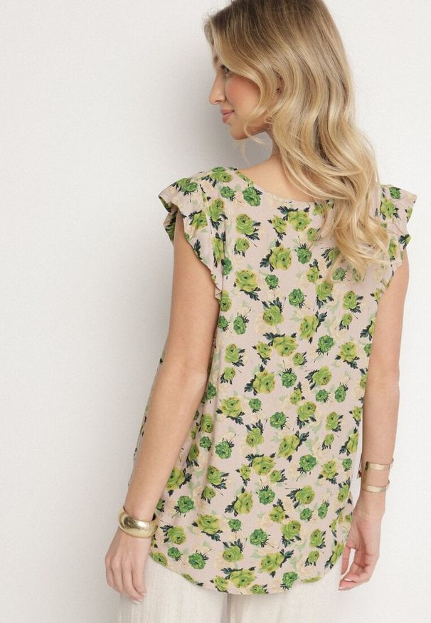 Born2be - Zielono-Beżowa Bawełniana Bluzka w Kwiaty Naperia. Okazja: na co dzień. Kolor: zielony. Materiał: bawełna. Wzór: kwiaty. Styl: elegancki, casual