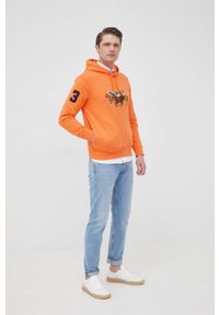 Polo Ralph Lauren bluza męska kolor pomarańczowy z kapturem z aplikacją. Okazja: na co dzień. Typ kołnierza: kaptur, polo. Kolor: pomarańczowy. Wzór: aplikacja. Styl: casual