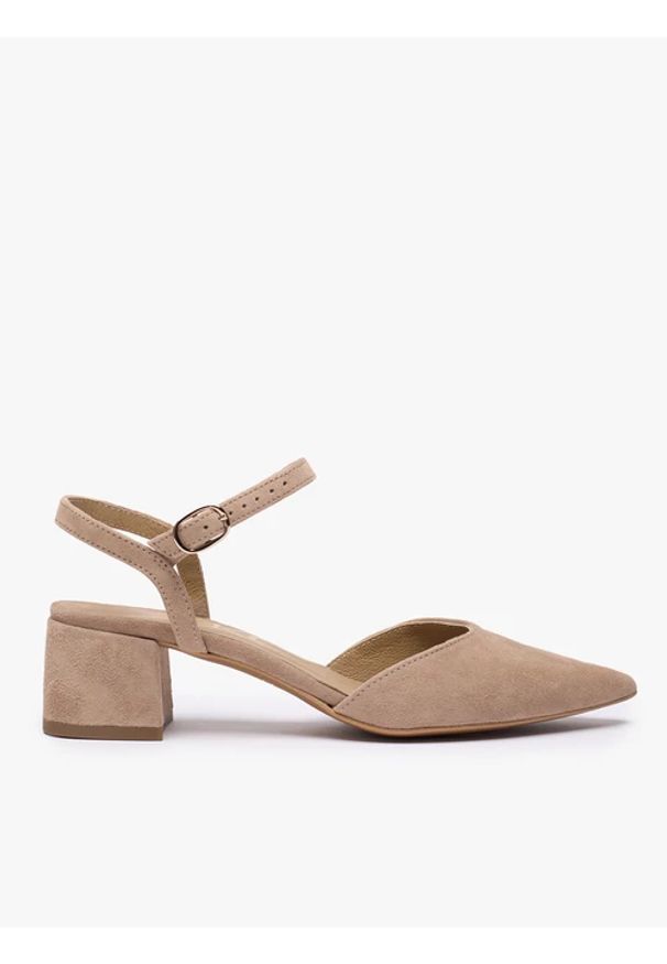 Ryłko - Taupe czółenka bez pięty slingback na słupku. Okazja: na co dzień. Zapięcie: sprzączka. Kolor: beżowy. Materiał: skóra, welur. Obcas: na słupku. Styl: casual, street, elegancki. Wysokość obcasa: średni