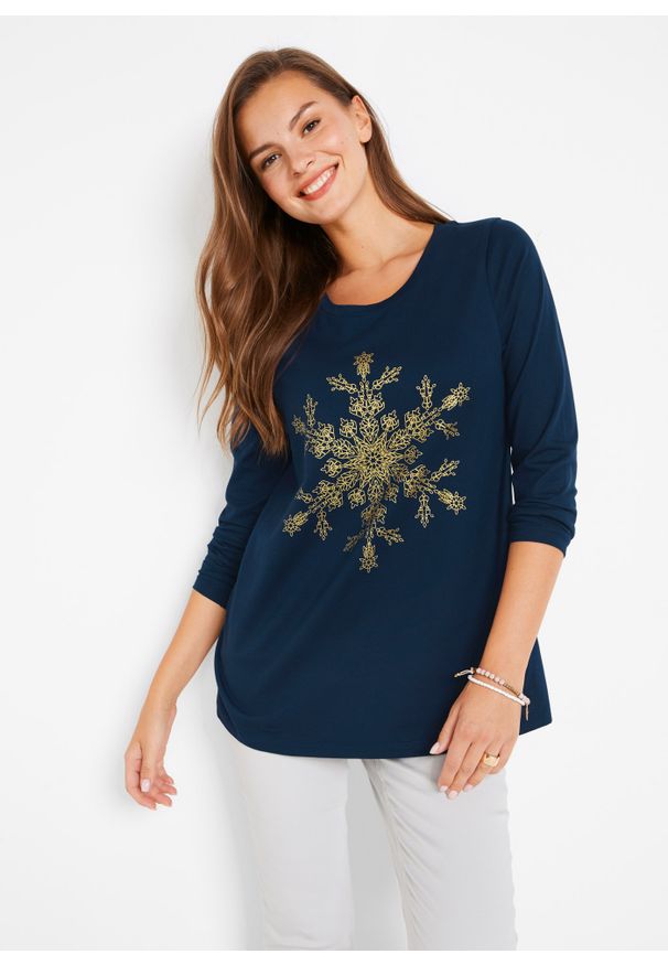 bonprix - Shirt bawełniany z długim rękawem, z czystej bawełny. Kolor: niebieski. Materiał: bawełna. Długość rękawa: długi rękaw. Długość: długie. Wzór: nadruk. Sezon: zima
