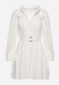 Born2be - Biała Haftowana Sukienka Mini z Bawełny z Paskiem i Ażurowym Wzorem Aislina. Typ kołnierza: kołnierz z falbankami. Kolor: biały. Materiał: bawełna. Wzór: ażurowy, haft. Sezon: wiosna, lato. Długość: mini #4