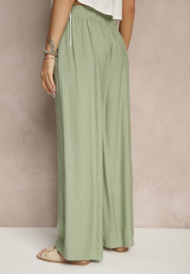 Renee - Zielone Szerokie Spodnie High Waist z Wiskozy z Gumką w Talii Lannalie. Okazja: na co dzień. Stan: podwyższony. Kolor: zielony. Materiał: wiskoza. Styl: elegancki, casual