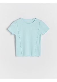 Reserved - Prążkowany t-shirt - jasnoturkusowy. Kolor: turkusowy. Materiał: prążkowany. Długość: krótkie #1