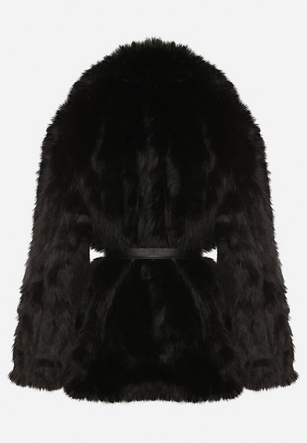 Born2be - Czarna Elegancka Kurtka Futerko z Paskiem z Klamrą Gonne. Okazja: na co dzień, na spacer, na imprezę. Kolor: czarny. Materiał: futro. Styl: elegancki