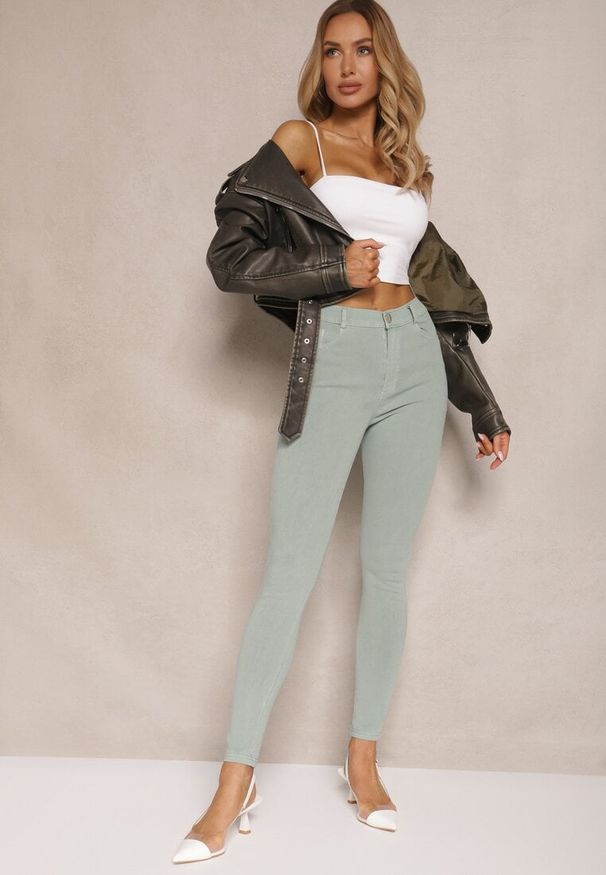 Renee - Zielone Skinny Jeansy z Bawełną High Waist Lorie. Okazja: na co dzień. Stan: podwyższony. Kolor: zielony. Styl: casual, elegancki, wizytowy