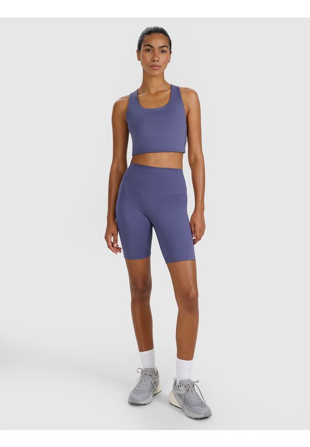 4f - 4F Legginsy kolarki treningowe damskie - granatowe S. Stan: podwyższony. Kolor: niebieski. Materiał: elastan, materiał, włókno, dzianina, syntetyk. Długość: krótkie. Wzór: gładki, ze splotem. Sport: fitness