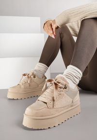 Renee - Ciemnobeżowe Sneakersy Śniegowce na Platformie Velavine. Kolor: beżowy. Materiał: jeans. Obcas: na platformie