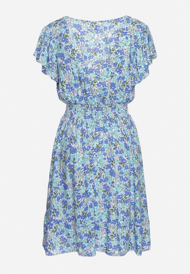 Born2be - Niebieska Bawełniana Sukienka z Gumką w Talii i Dekoltem w Serek o Kwiatowym Wzorze Doradea. Okazja: na co dzień. Typ kołnierza: dekolt w serek. Kolor: niebieski. Materiał: bawełna. Długość rękawa: krótki rękaw. Wzór: kwiaty. Sezon: lato. Styl: wizytowy, casual, elegancki