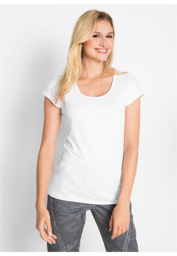 bonprix - Shirt ze stretchem, krótki rękaw. Okazja: na co dzień. Kolor: biały. Materiał: materiał, bawełna. Długość rękawa: krótki rękaw. Długość: krótkie. Styl: casual