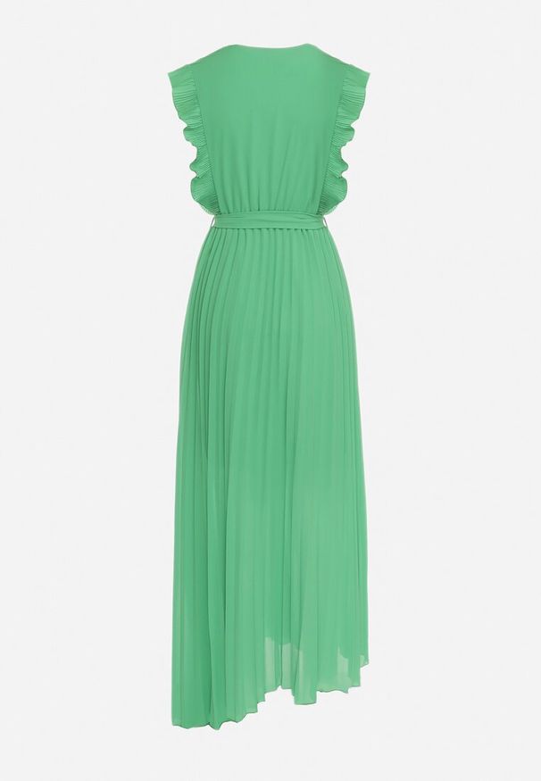 Born2be - Zielona Plisowana Sukienka Maxi Wiskozowa z Kopertowym Dekoltem i Falbankami Glimes. Typ kołnierza: kołnierz z falbankami. Kolor: zielony. Materiał: wiskoza. Typ sukienki: kopertowe. Długość: maxi