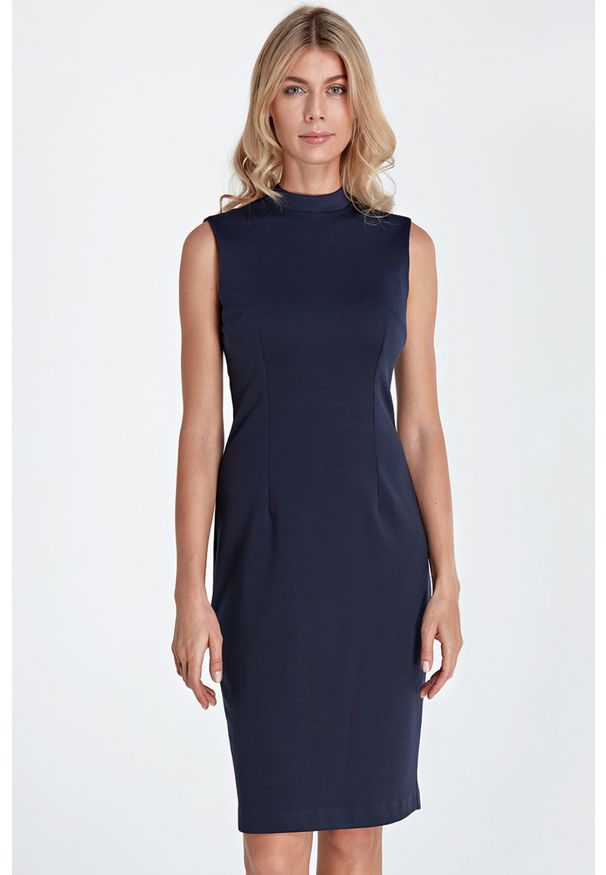 Colett - Elegancka klasyczna sukienka midi ze stójką. Okazja: do pracy. Typ kołnierza: kołnierzyk stójkowy. Materiał: dzianina, nylon. Typ sukienki: proste. Styl: elegancki, klasyczny. Długość: midi