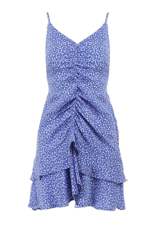 Born2be - Niebieska Sukienka Eudesilea. Typ kołnierza: kołnierz z falbankami. Kolor: niebieski. Długość rękawa: na ramiączkach. Wzór: kwiaty. Długość: mini