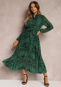 Renee - Ciemnozielona Sukienka Rozkloszowana z Wiązanym Paskiem Blerore. Kolor: zielony. Materiał: materiał. Typ sukienki: koszulowe. Długość: maxi #1