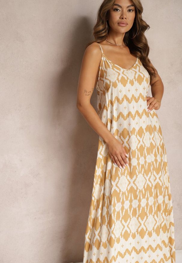 Renee - Beżowa Sukienka z Wiskozy na Ramiączkach o Rozkloszowanym Kroju i Geometrycznym Wzorze Xervidia. Okazja: na co dzień. Kolor: beżowy. Materiał: wiskoza. Długość rękawa: na ramiączkach. Wzór: geometria. Sezon: wiosna, lato. Typ sukienki: rozkloszowane. Styl: casual