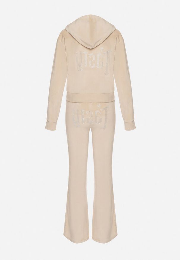 Born2be - Beżowy Welurowy Komplet Dresowy z Cyrkoniową Aplikacją Bluza i Spodnie Mitene. Kolor: beżowy. Materiał: welur, dresówka. Wzór: aplikacja. Sport: turystyka piesza