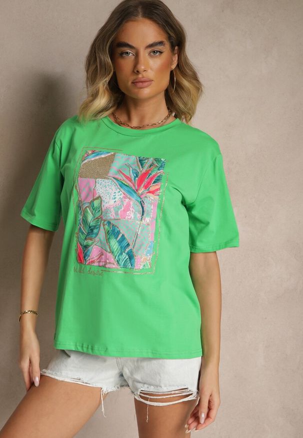 Renee - Zielony T-shirt z Bawełny Ozdobiony Brokatem Isadelle. Okazja: na co dzień. Kolor: zielony. Materiał: bawełna. Wzór: aplikacja. Styl: klasyczny, casual