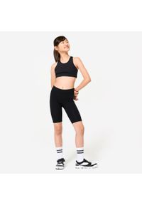 DOMYOS - Legginsy sportowe dla dzieci Domyos krótkie. Okazja: na uczelnię. Kolor: czarny. Materiał: bawełna, materiał, elastan. Długość: krótkie. Styl: sportowy. Sport: joga i pilates
