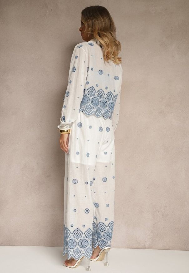 Renee - Biały Komplet z Bawełny Zdobiony Haftem Koszula i Spodnie Savirice. Kolor: biały. Materiał: bawełna. Wzór: aplikacja, haft