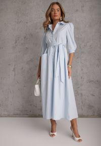 Renee - Niebieska Bawełniana Sukienka Koszulowa w Stylu Retro z Wiązanym Paskiem Meresa. Okazja: na randkę. Kolor: niebieski. Materiał: bawełna. Sezon: lato. Typ sukienki: koszulowe. Styl: retro #8