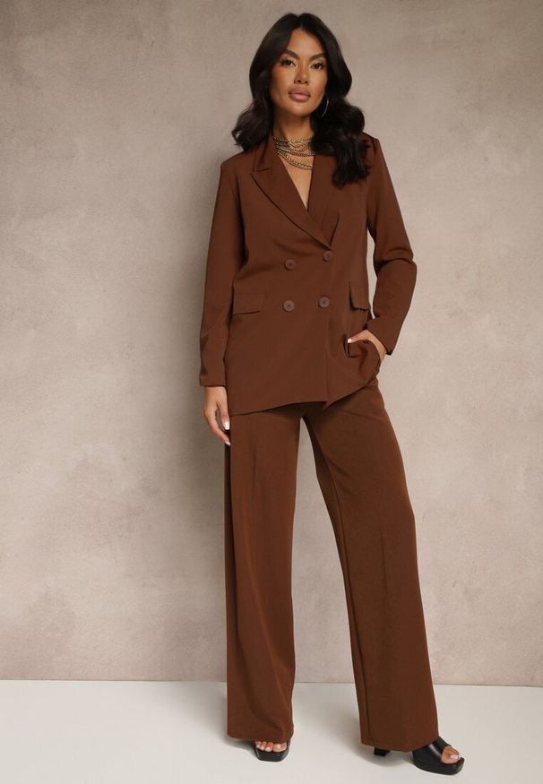 Renee - Brązowe Szerokie Spodnie High Waist z Gumką w Pasie Eternel. Okazja: na spotkanie biznesowe. Stan: podwyższony. Kolor: brązowy. Materiał: jedwab. Styl: elegancki, biznesowy