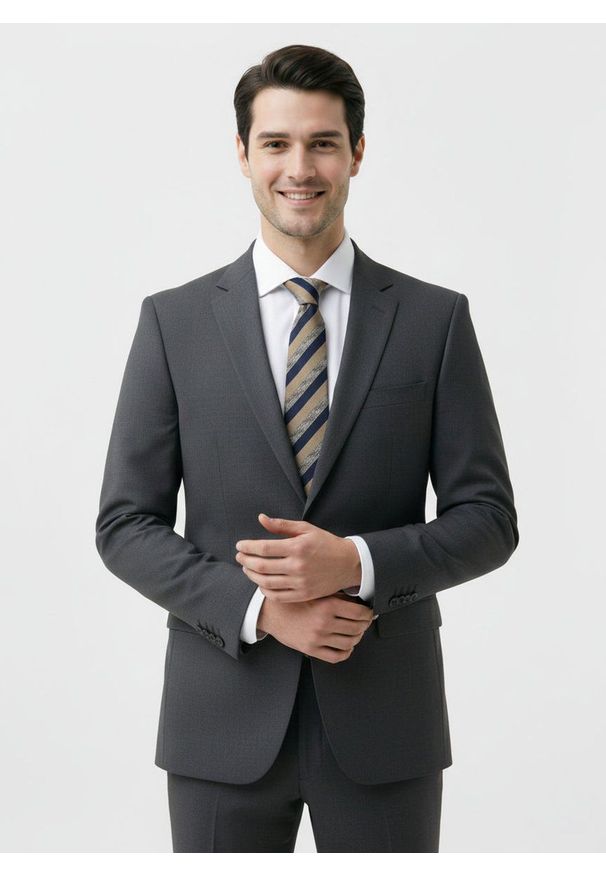 Krawat Męski - Angelo di Monti - Pasy, Granat z Beżem. Kolor: niebieski, brązowy, wielokolorowy, beżowy. Materiał: tkanina. Styl: wizytowy, elegancki