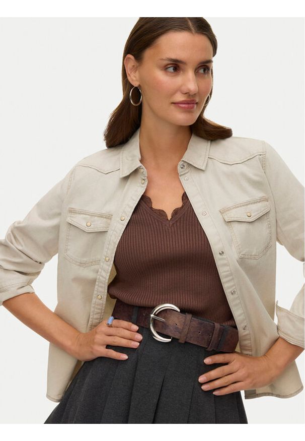 Vero Moda Koszula jeansowa Maria 10277523 Beżowy Slim Fit. Kolor: beżowy. Materiał: bawełna