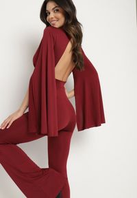 Born2be - Bordowy Długi Kombinezon z Szerokimi Rękawami i Odkrytymi Plecami Dasima. Okazja: na imprezę. Kolor: czerwony. Długość: długie. Styl: klasyczny, elegancki #1