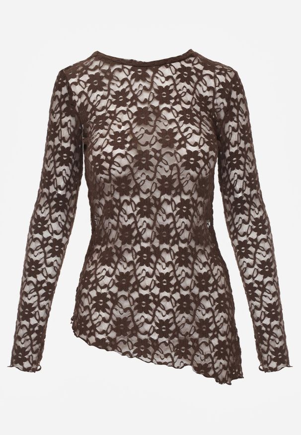 Renee - Brązowa Bluzka z Koronki o Asymetrycznym Kroju Kortesta. Kolor: brązowy. Materiał: koronka. Wzór: koronka