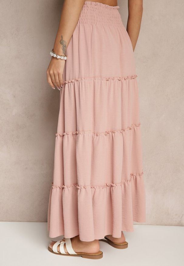 Renee - Różowa Rozkloszowana Spódnica z Gumką w Talii Zdobiona Falbanami Dovinelle. Okazja: na co dzień. Kolor: różowy. Wzór: aplikacja. Styl: casual, elegancki