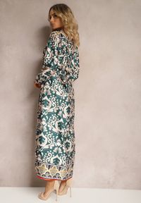Renee - Zielono-Beżowa Satynowa Sukienka w Ornamentalny Wzór o Pudełkowym Fasonie Elirosa. Kolor: zielony. Materiał: satyna #4