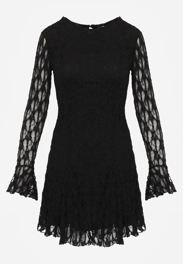 Renee - Czarna Sukienka z Koronki Ozdobiona Rozkloszowanymi Rękawami Cinalata. Kolor: czarny. Materiał: koronka. Wzór: aplikacja, koronka. Typ sukienki: rozkloszowane. Styl: klasyczny, elegancki