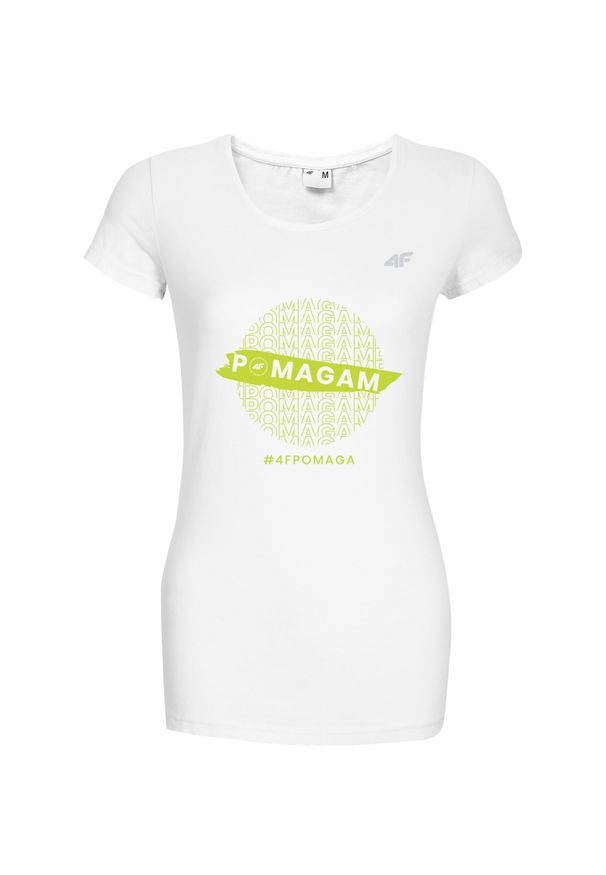 4f - Koszulka damska #4FPOMAGA. Kolor: biały. Materiał: bawełna, dzianina