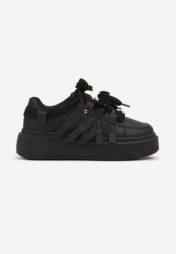 Renee - Czarne Sznurowane Sneakersy na Platformie Ozdobione Paskami Lerinique. Okazja: na co dzień. Zapięcie: pasek. Kolor: czarny. Wzór: aplikacja. Obcas: na platformie