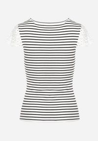 Born2be - Biało-Czarny Bawełniany T-shirt z Prążkowanej Dzianiny Ozdobiony Koronką Liasilo. Kolor: biały. Materiał: bawełna, koronka, dzianina, prążkowany. Wzór: aplikacja, koronka. Sezon: lato #4