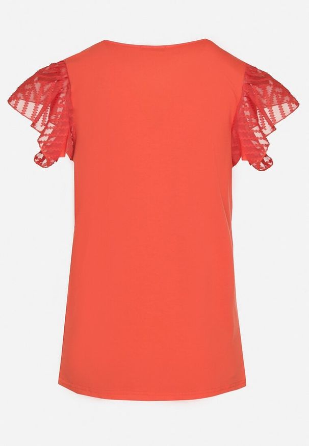 Born2be - Czerwony Bawełniany T-shirt Bluzka z Przezroczystymi Rękawami i Dekoltem Lavinara. Okazja: na randkę, na co dzień. Kolor: czerwony. Materiał: bawełna. Sezon: lato. Styl: casual