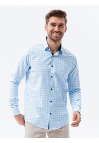 Ombre Clothing - Koszula męska w drobny wzór REGULAR FIT K314 - błękitna - XXL. Okazja: do pracy, na spotkanie biznesowe. Kolor: niebieski. Materiał: poliester, bawełna. Styl: biznesowy, klasyczny #3