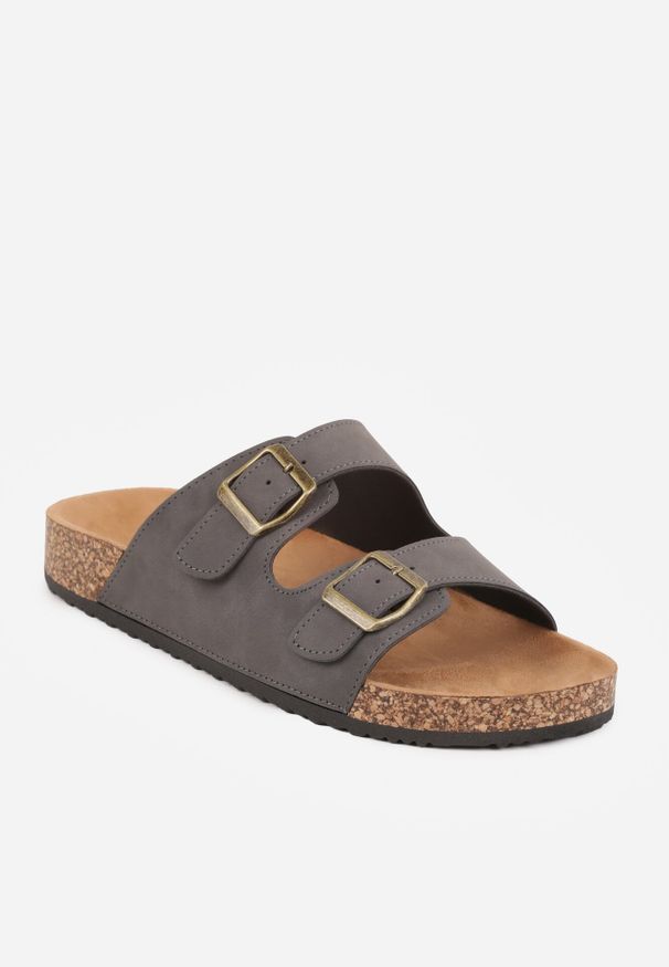 Born2be - Szare Klapki z Imitacji Zamszu z Korkową Podeszwą i Klamrami Chalose. Okazja: na co dzień. Kolor: szary. Materiał: zamsz. Styl: casual
