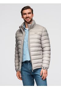 Ombre Clothing - Pikowana męska kurtka z dwoma zapięciami - jasnoszara V2 - Rozmiar: XL. Okazja: na co dzień. Kolor: szary. Materiał: nylon, tkanina, poliester, materiał. Wzór: gładki, aplikacja. Styl: klasyczny, casual, elegancki