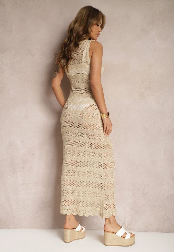 Renee - Beżowa Koronkowa Sukienka o Dopasowanym Kroju Ozdobiona Metaliczną Nitką Xinesa. Okazja: na co dzień, na imprezę. Kolor: beżowy. Materiał: koronka. Wzór: aplikacja. Typ sukienki: proste. Styl: elegancki, casual