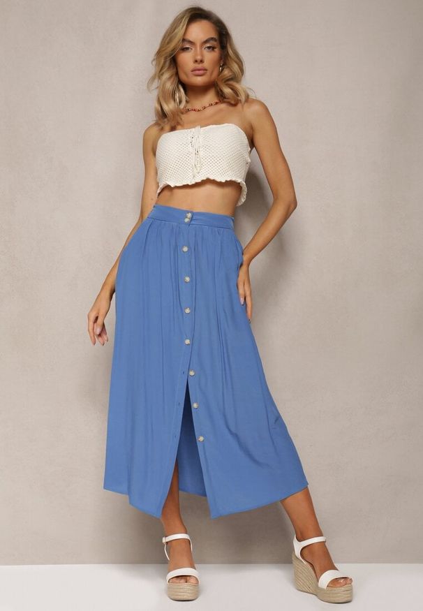 Renee - Niebieska Rozkloszowana Spódnica Maxi z Gumką w Talii i Kieszeniami Kendrani. Okazja: na co dzień, na imprezę. Kolor: niebieski. Styl: casual, elegancki