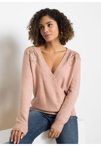 bonprix - Sweter z efektem założenia kopertowego. Kolor: różowy. Materiał: koronka