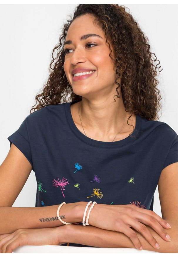 bonprix - T-shirt z nadrukiem z roślinnym motywem. Kolor: niebieski. Wzór: nadruk