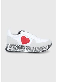 Love Moschino Buty skórzane kolor biały na platformie. Nosek buta: okrągły. Zapięcie: sznurówki. Kolor: biały. Materiał: skóra. Obcas: na platformie