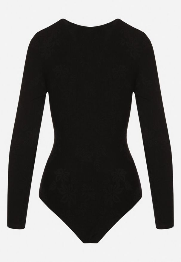 Born2be - Czarne Body z Ozdobnym Supełkiem i Wzorem w Kwiaty Lilzeda. Okazja: na co dzień. Typ kołnierza: dekolt w kształcie V. Kolor: czarny. Materiał: jeans, wiskoza. Długość rękawa: długi rękaw. Długość: długie. Wzór: kwiaty. Styl: elegancki, casual