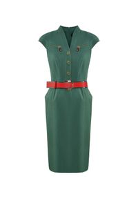CATERINA - Zielona sukienka midi z paskiem. Kolor: zielony. Sezon: lato. Typ sukienki: dopasowane. Styl: elegancki. Długość: midi #1